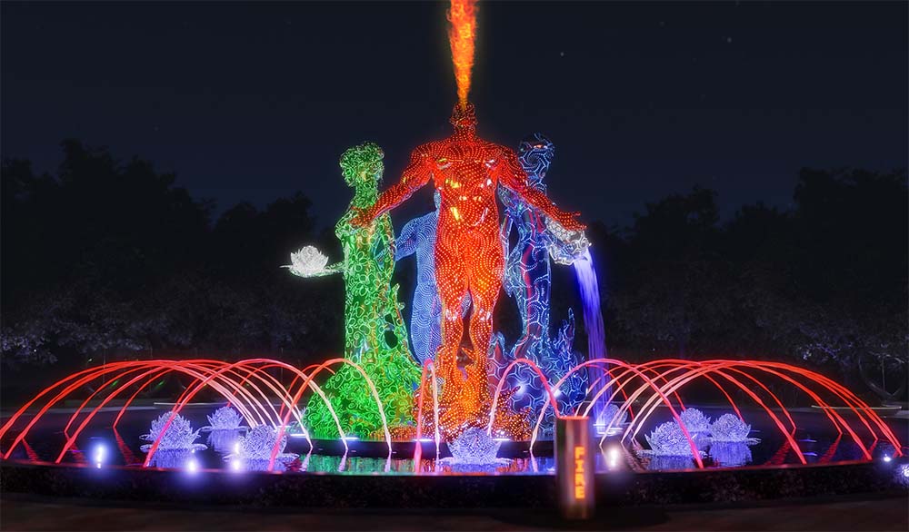 Colorful light public art with glowing human sculptures symbolizing the four elements — fire, water, air, and earth.