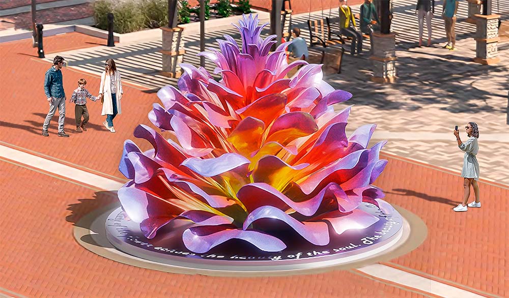 Public art installation in the form of a large purple space flower for urban space in Tashkent — SKYFORM STUDIO