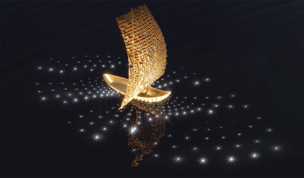 Kinetic installation in the form of a boat with illuminated golden sails by SKYFORM STUDIO