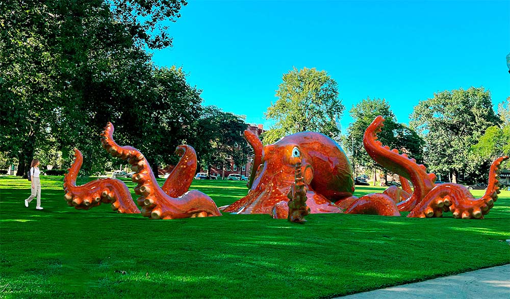 public art in the shape of a giant red octopus