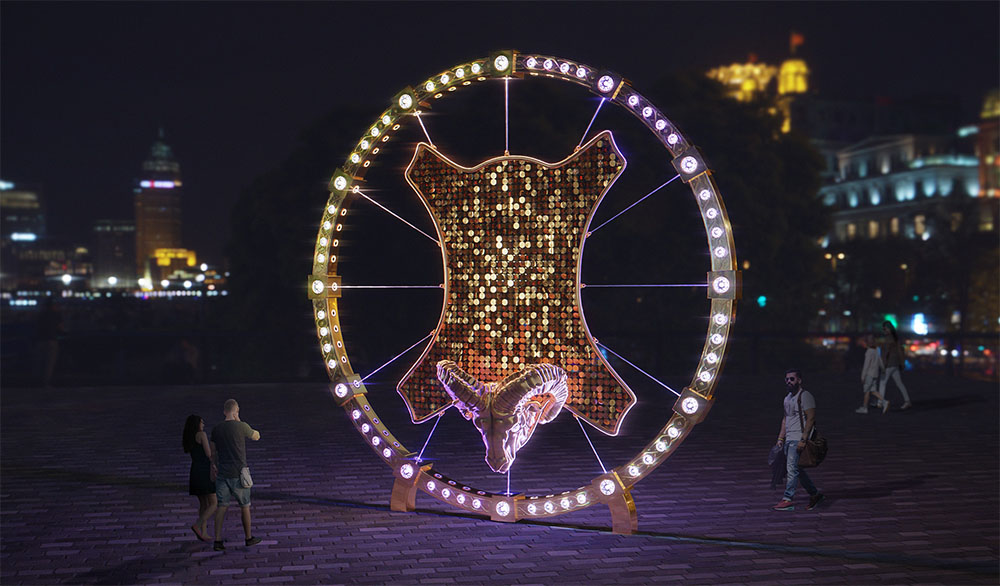 public art "Golden Fleece" in the form of a ram with a golden frame illuminated by rgb lamps