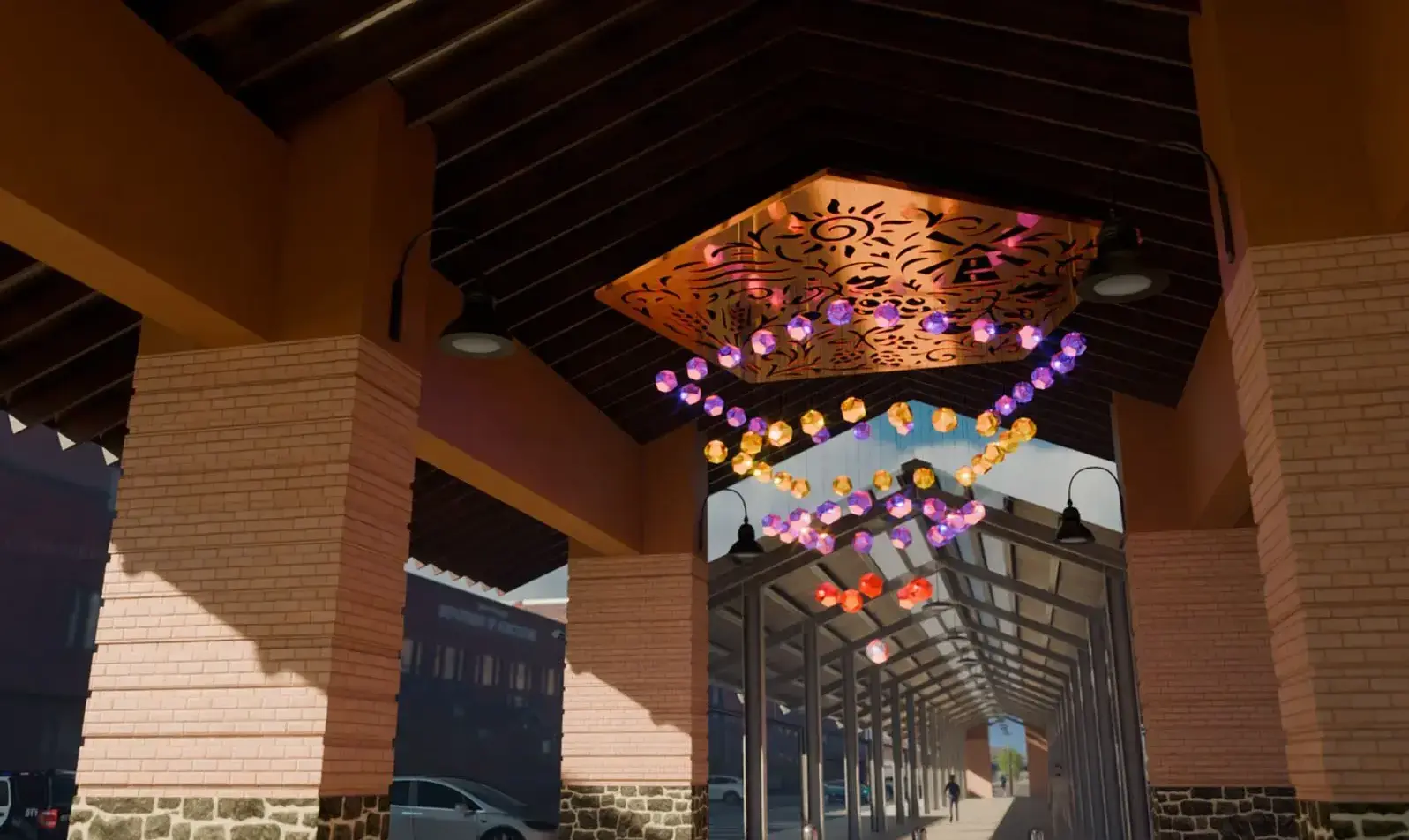Daytime view of the Five Elements installation located at the entrance to the territory.