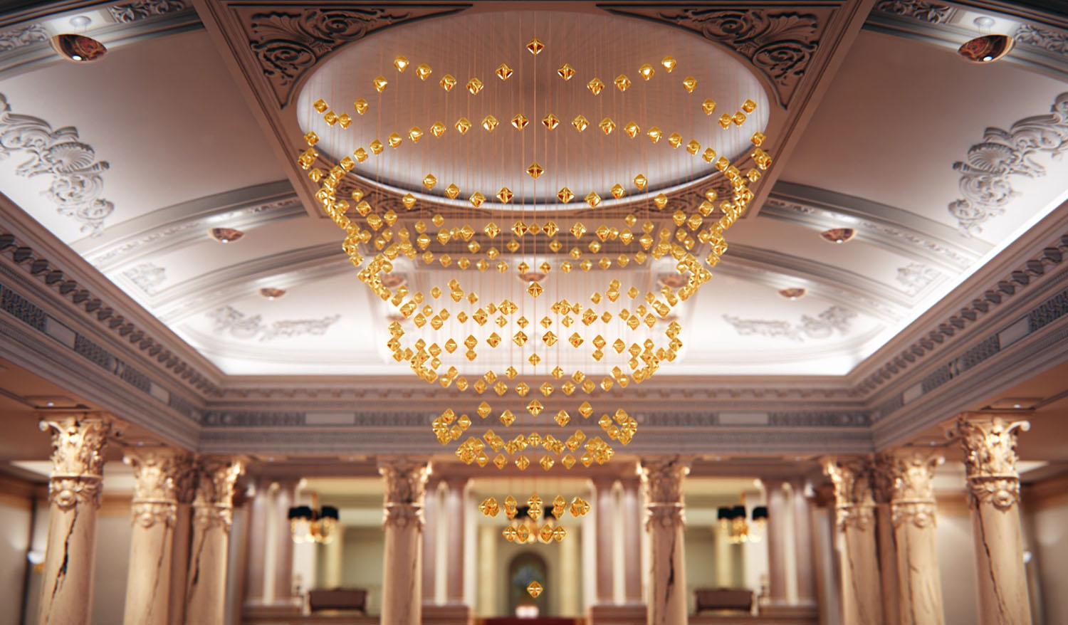 Кинетическая люстра «GOLD»искусство в движении для отелей