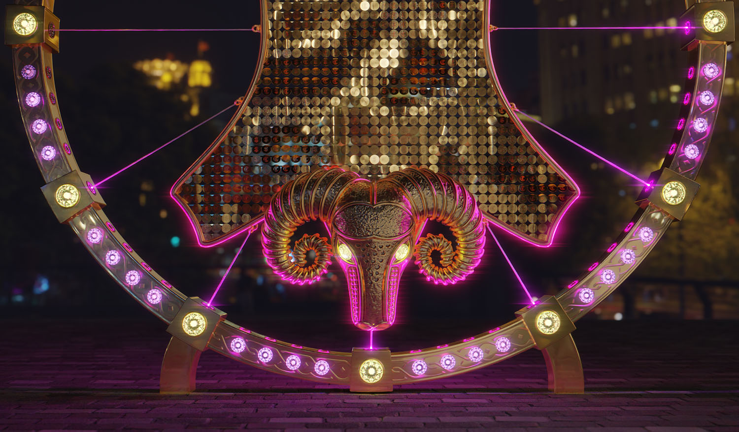 Крупный план кинетической инсталляции «Золотое руно» — неоновая окантовка подчеркивает форму шкуры и скульптурную голову барана на фоне мерцающих золотых элементов.