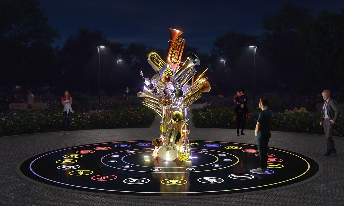 Ночная версия инсталляции «Оркестр»: светящаяся композиция из духовых инструментов на интерактивной платформе с цветными пиктограммами в городском парке.