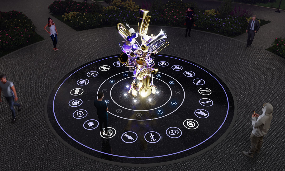 Инсталляция «Оркестр» с верхнего ракурса: светящаяся скульптура из духовых инструментов в центре круговой интерактивной платформы с музыкальными пиктограммами.