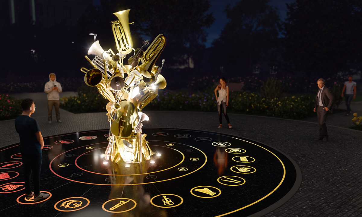 Публичный арт-объект «Оркестр» в вечернем парке: золотая композиция сияет тёплой подсветкой, вокруг расположены сенсорные зоны с пиктограммами инструментов.