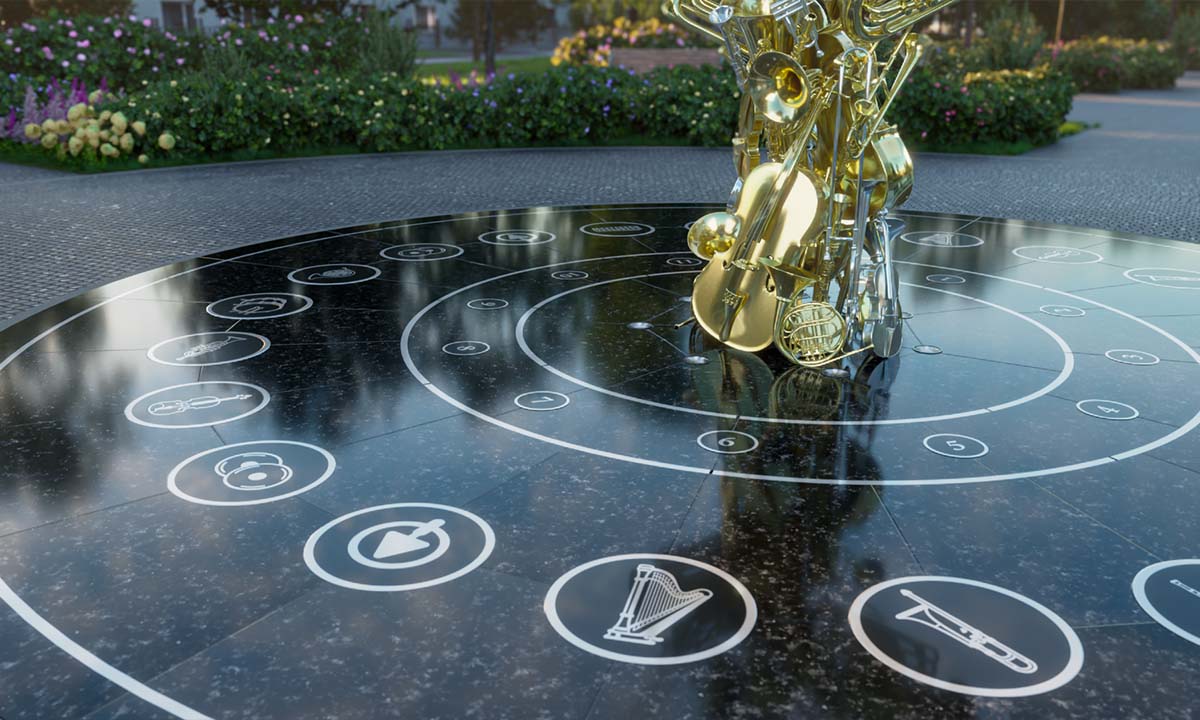 Фрагмент инсталляции «Оркестр»: глянцевая чёрная платформа с круговой разметкой и пиктограммами музыкальных инструментов вокруг золотой скульптуры.