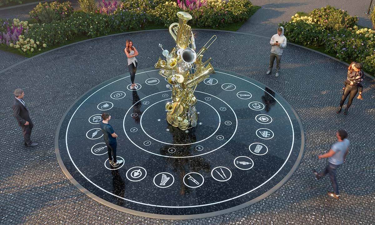 Инсталляция «Оркестр» с высоты: золотая скульптура из духовых инструментов в центре круговой интерактивной платформы с музыкальными пиктограммами.