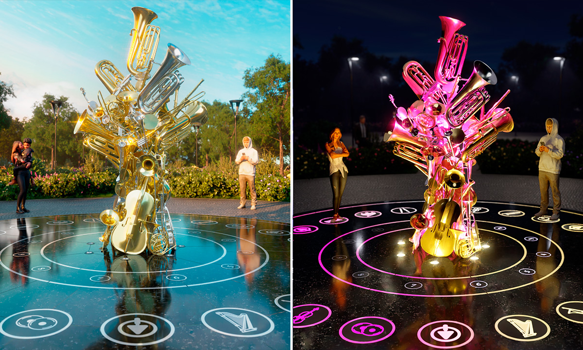 Инсталляция «Оркестр» в дневном и ночном режиме: скульптура из духовых инструментов на интерактивной платформе с подсветкой и музыкальными пиктограммами.
