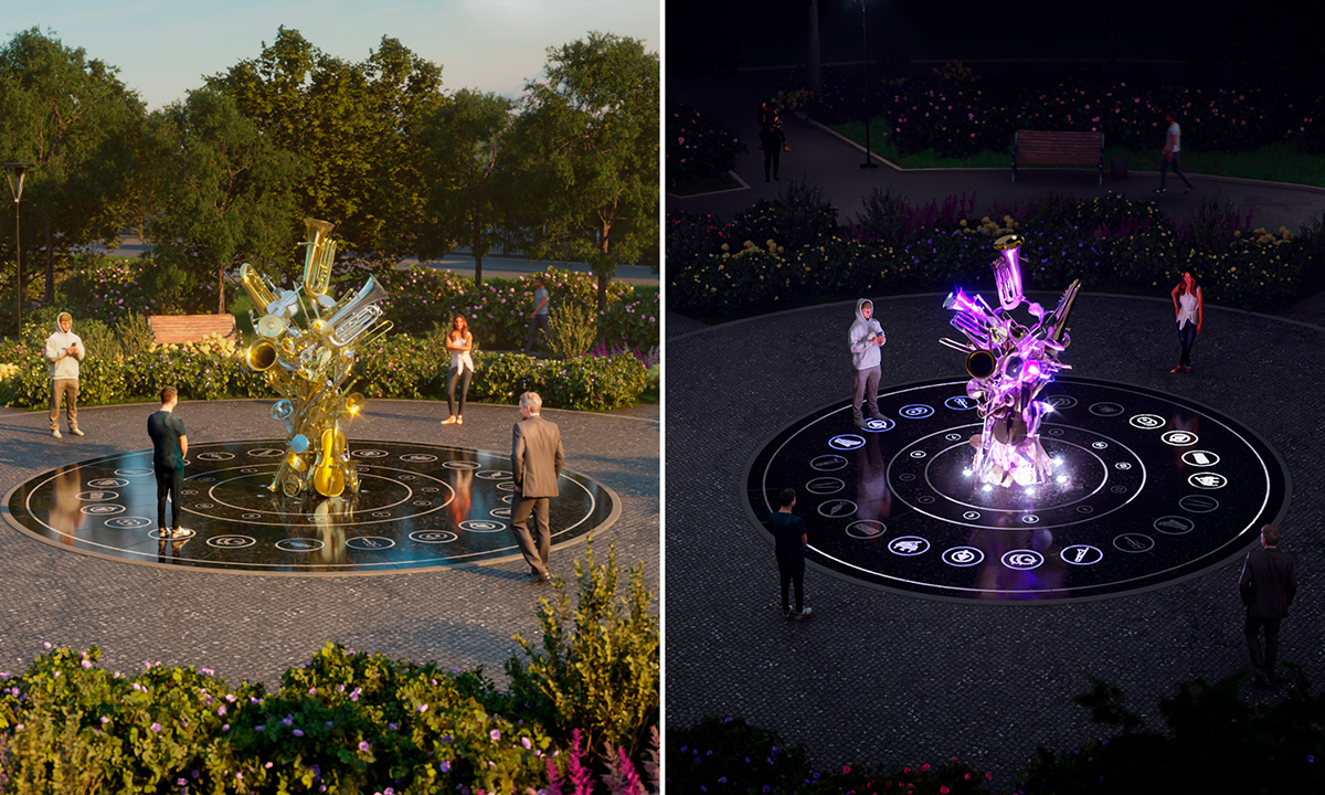 Два режима работы инсталляции «Оркестр»: отражающая чёрная платформа с графическими символами и центральная скульптура из труб и туб в разное время суток.