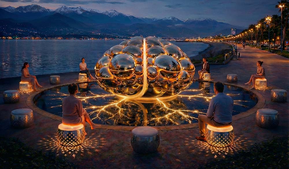 Световая интерактивная инсталляция в форме мозга из зеркальной нержавеющей стали, установленная у моря на набережной в вечернее время. Центральная скульптура подсвечена тёплым светом, отражается в стеклянной поверхности с эффектом нейронных связей. Вокруг расположены светящиеся перфорированные сиденья с людьми. Проект посвящён искусственному интеллекту и нейросетям.