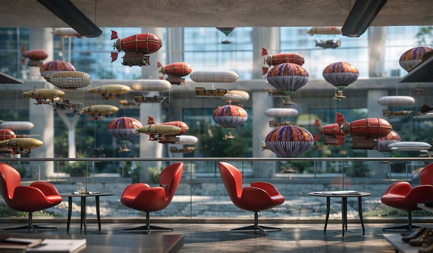 Кинетическая инсталляция «воздушный флот» в современном аэропорту: десятки дирижаблей и фантазийных воздушных кораблей парят под потолком терминала, создавая эффект бесконечного полёта.