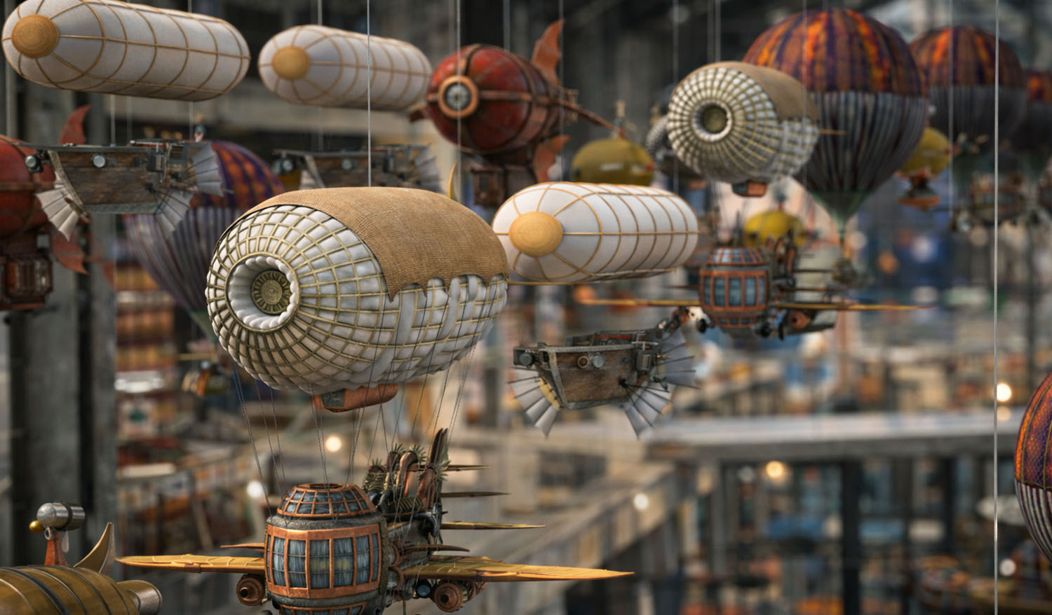 Крупный план элементов «Воздушный флот» — воздушные корабли с латунными деталями и декоративными иллюминаторами, парящие в светлом атриуме.