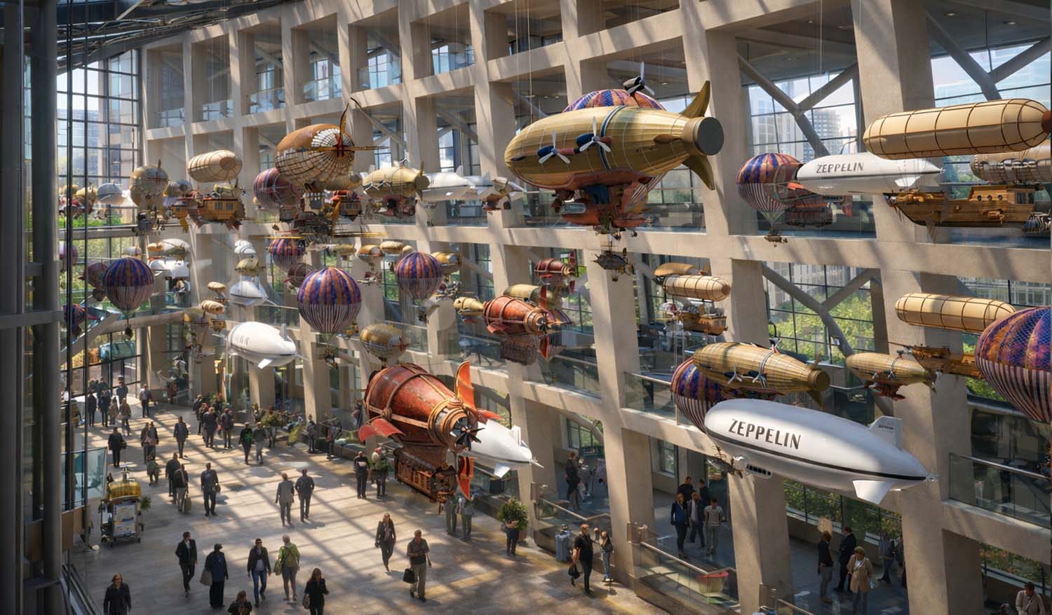 Многоуровневая кинетическая инсталляция «Воздушный флот» с детализированными воздушными кораблями, создающая атмосферу романтики авиации будущего в терминале.