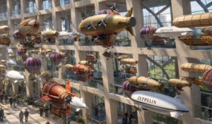 Панорамный вид атриума аэропорта с подвесными дирижаблями разных цветов и размеров, создающими иллюзию воздушного потока сквозь архитектурное пространство.