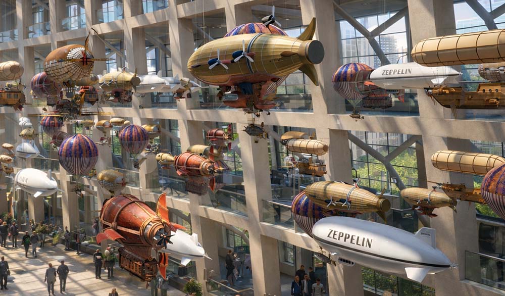 Панорамный вид атриума аэропорта с подвесными дирижаблями разных цветов и размеров, создающими иллюзию воздушного потока сквозь архитектурное пространство.