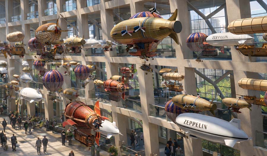 Детализированные стимпанк-корабли с пропеллерами и тканевыми оболочками, размещённые на нескольких уровнях терминала и формирующие воздушную инсталляцию.