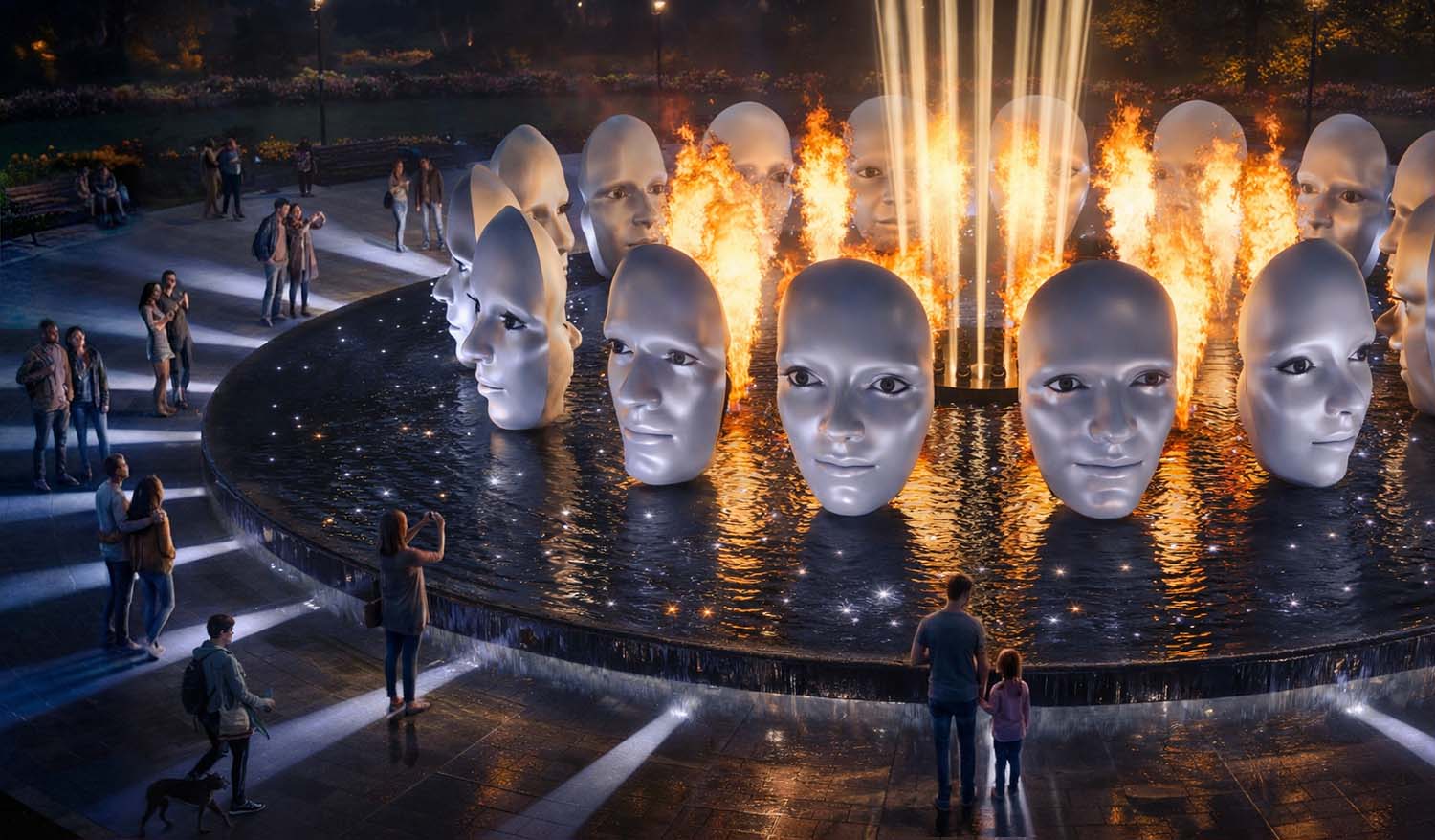 Ночная интерактивная инсталляция «Симфония отражений» — 16 скульптурных лиц над водной платформой, подсвеченные огненными вспышками и вертикальными световыми лучами.