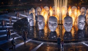 Ночная инсталляция «Симфония отражений» — 16 скульптурных лиц над водной платформой, подсвеченные огненными вспышками и вертикальными световыми лучами.