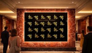 Кинетическая инсталляция «Пчелиный вальс» из 24 золотых пчёл на чёрном фоне, размещённая в мраморном портале с тёплой подсветкой в интерьере премиального холла; посетители рассматривают арт-объект.