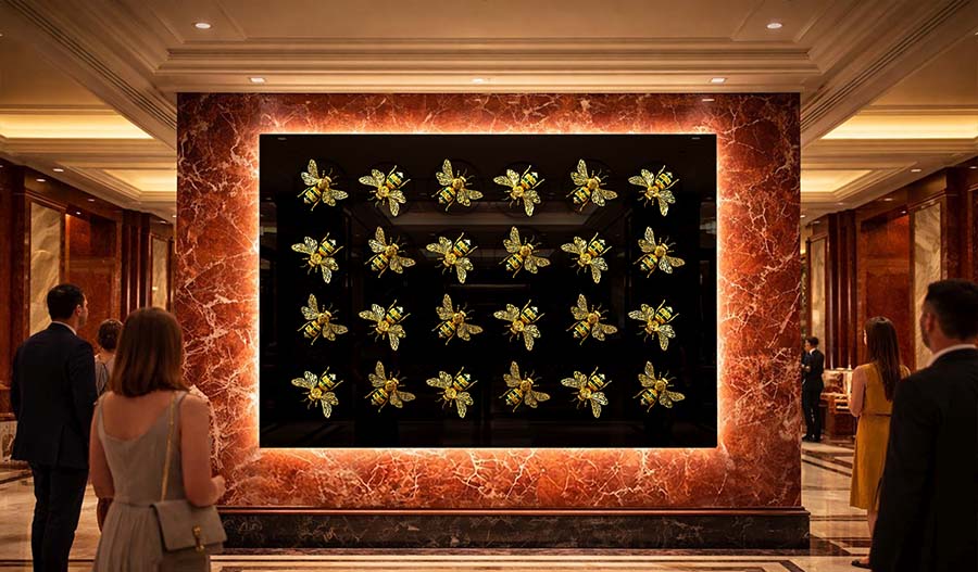 Кинетическая инсталляция «Пчелиный вальс» из 24 золотых пчёл на чёрном фоне, размещённая в мраморном портале с тёплой подсветкой в интерьере премиального холла; посетители рассматривают арт-объект.