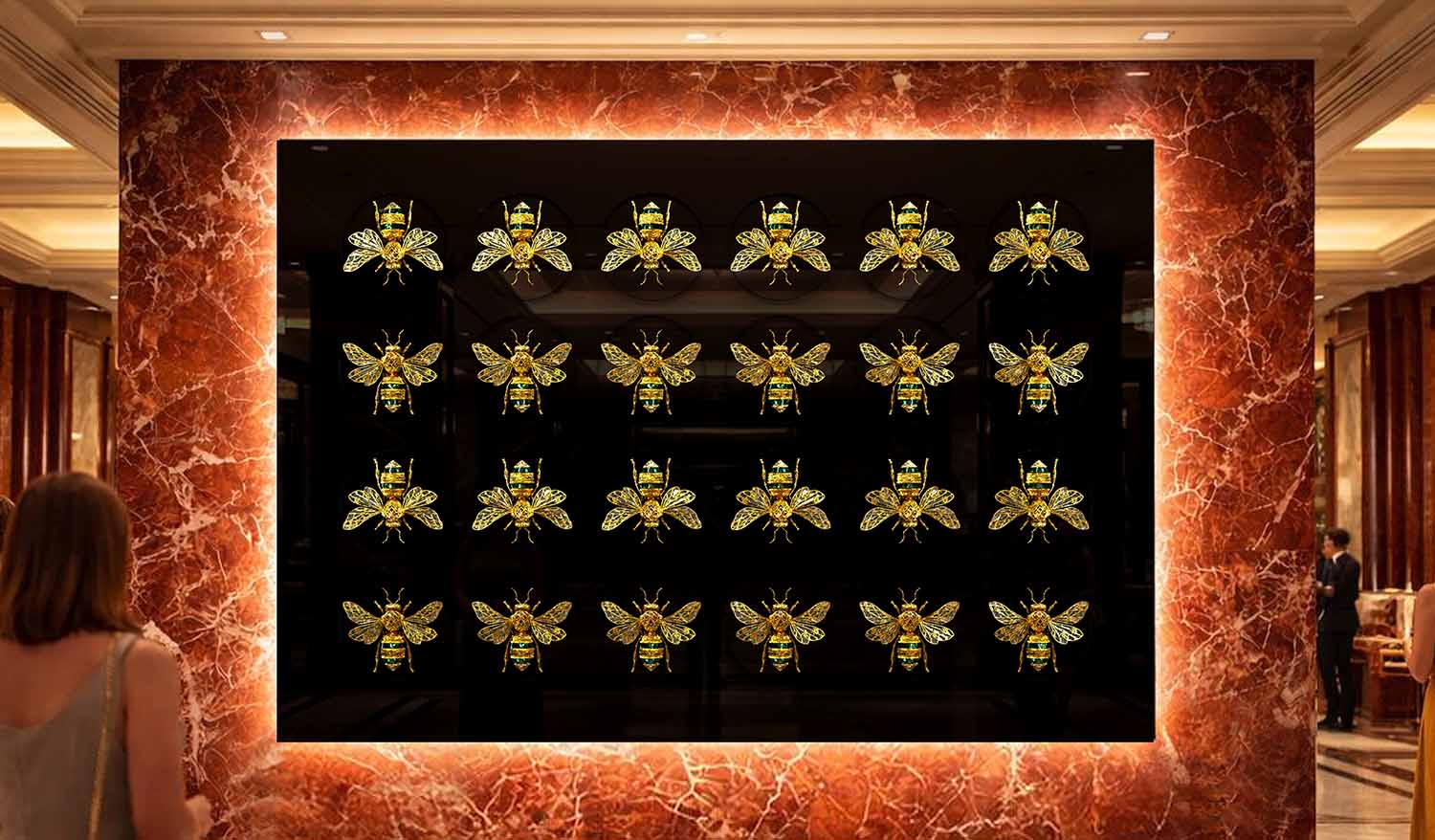 Кинетическая инсталляция «Вальс пчёл» — ритмичная композиция из золотых пчёл на чёрном фоне, размещённая в светящейся мраморной раме в интерьере премиального пространства.