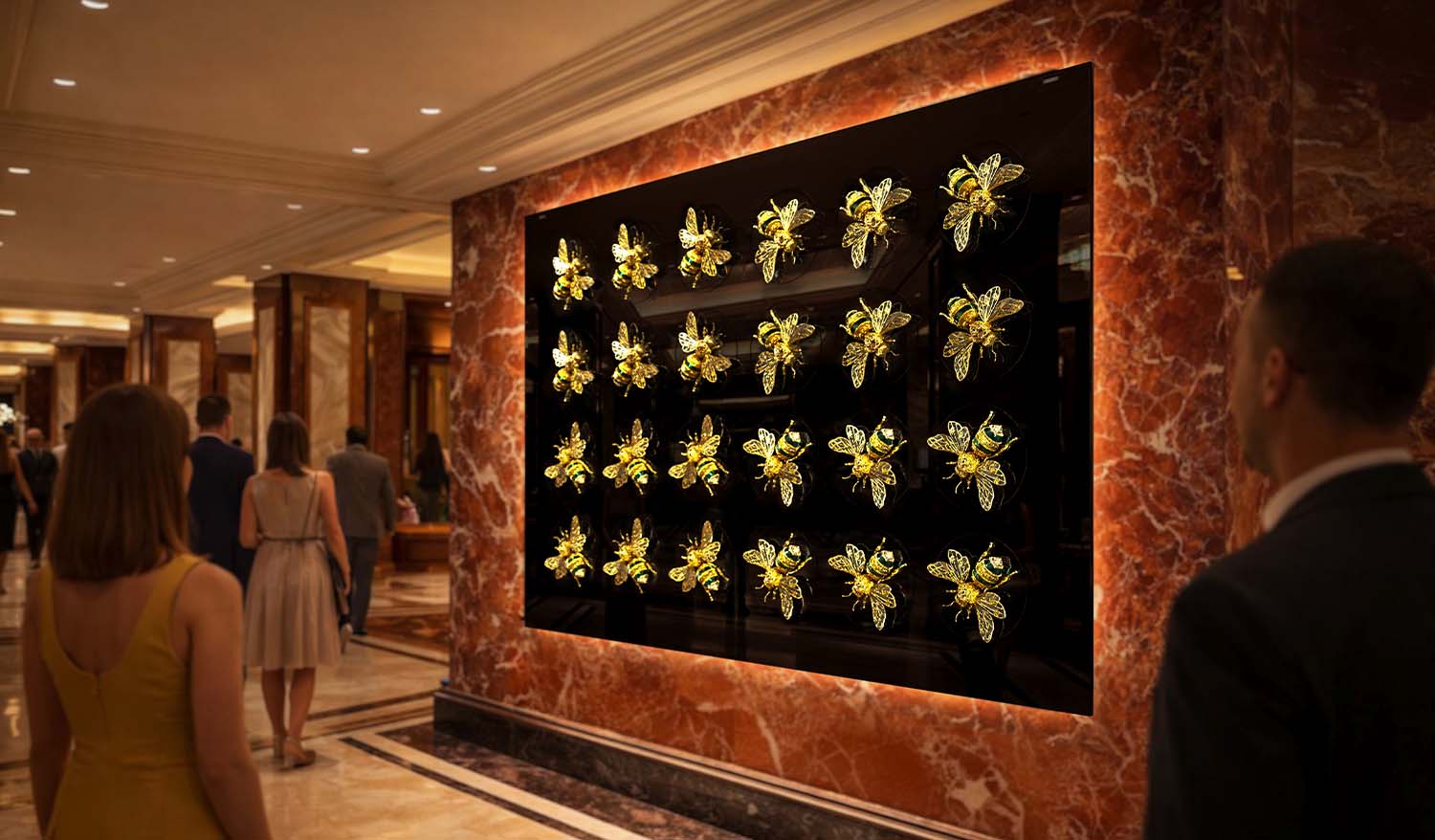 Кинетическая инсталляция «Вальс пчёл» в интерьере премиального холла — светящаяся композиция из золотых пчёл на чёрной панели, встроенной в красный мраморный портал с тёплой подсветкой, посетители проходят мимо.