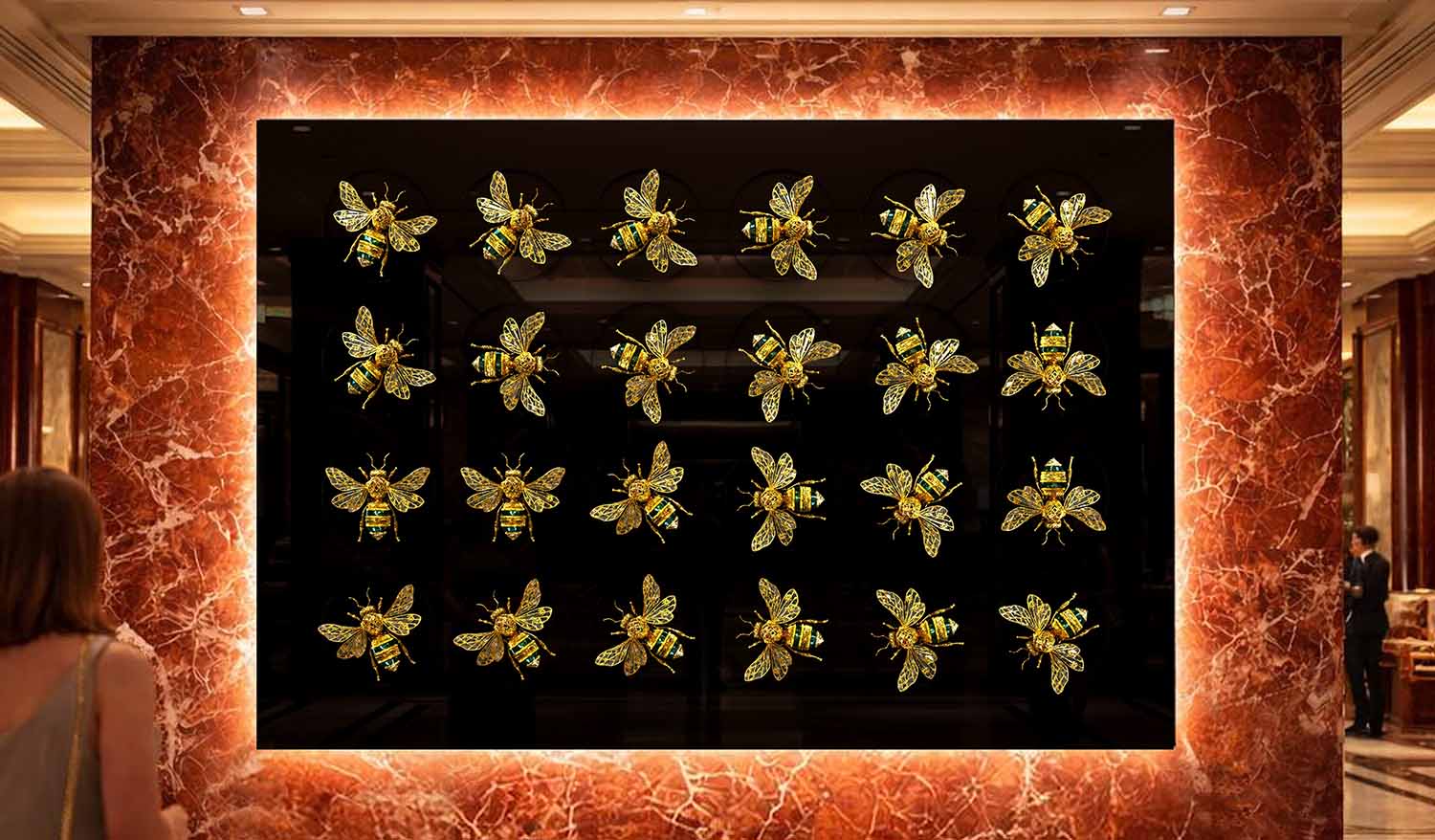Кинетическая инсталляция «Вальс пчёл» — серия золотых пчёл с детализированными крыльями на чёрной глянцевой панели, поворачивающихся по часовой стрелке обрамлённой красным мрамором с мягкой тёплой подсветкой в интерьере элегантного общественного пространства.