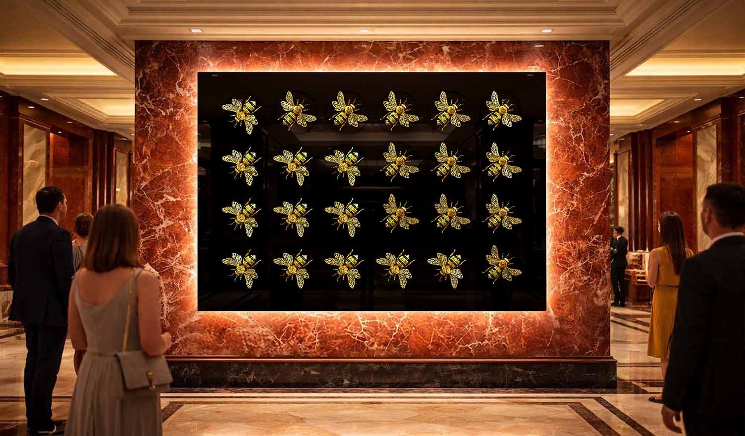 Инсталляция кинетическая «Вальс пчёл» — ритмичная композиция из золотых пчёл поворачиваться по своей оси в узор на чёрной зеркальной панели в просторном люксовом холле.