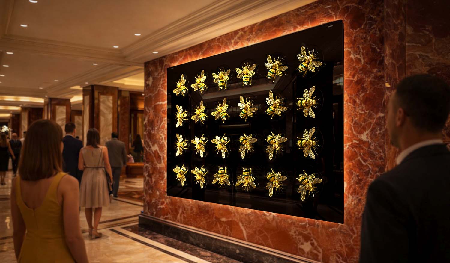 Инсталляция «Вальс пчёл» — золотые пчёлы с изумрудными акцентами на чёрной глянцевой панели в красном мраморном портале с тёплой подсветкой, в интерьере премиального холла.