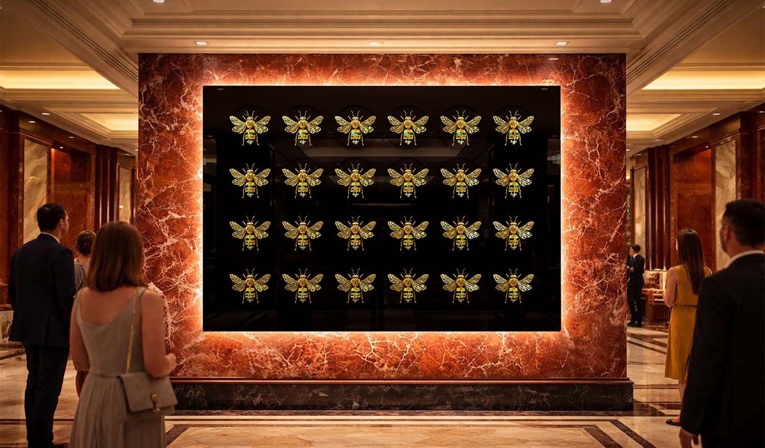 Кинетическая инсталляция «Вальс пчёл» от Skyform Studio — золотые пчёлы на чёрной панели в красном мраморном обрамлении с тёплой подсветкой, в элегантном холле с посетителями.