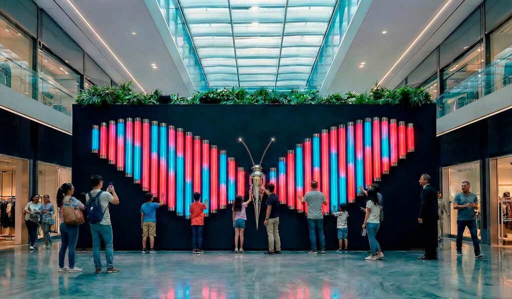 Сауда орталығы атриумындағы көбелек пішініндегі интерактивті жарық инсталляциясы: тік орналасқан LED түтіктерден құралған симметриялы қанаттар қызғылт-көгілдір жарық өрнегін қалыптастырады; келушілер жанасу арқылы түстің динамикалық өзгерісін іске қосады.