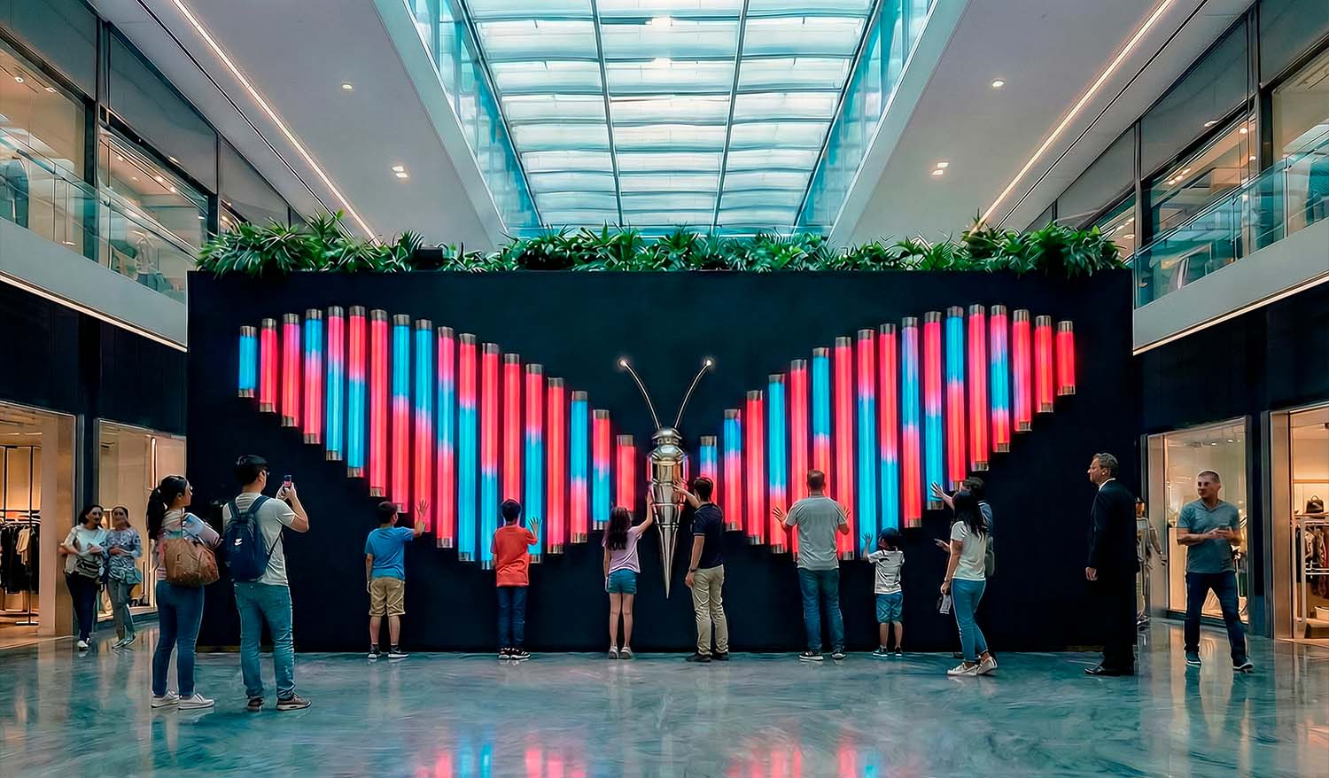 Световая интерактивная инсталляция в форме бабочки в атриуме торгового центра: симметричные крылья из вертикальных LED-труб создают яркий розово-голубой световой рисунок; посетители прикасаются к элементам, активируя динамическое изменение цвета.
