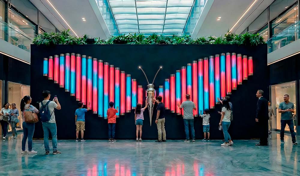 Interactive light installation shaped as a neon butterfly in a shopping mall atrium: vertical pink and cyan LED tubes respond to visitors’ touch; a metallic central body with antennas anchors the composition as people engage with the artwork.