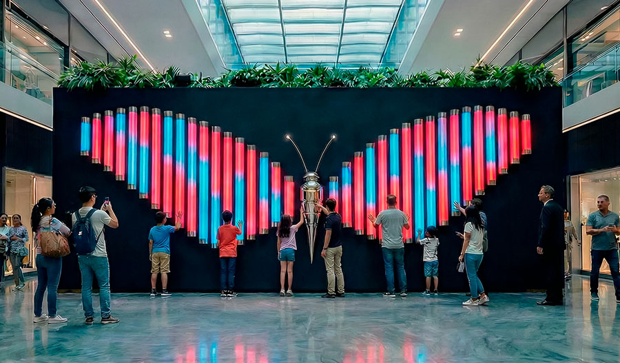 Large-scale interactive “Butterfly” installation in a contemporary mall atrium: illuminated vertical tubes form wings with pink and cyan LED gradients that shift color upon touch; visitors actively engage with the sculpture in a public space.