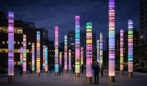 Интерактивная световая инсталляция «Свет веков»: многоцветные световые колонны на городской площади ночью.