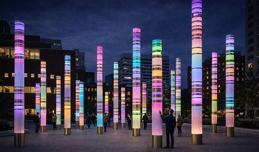 Интерактивная световая инсталляция «Свет веков»: многоцветные световые колонны на городской площади ночью.