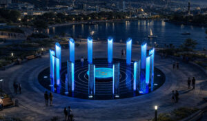 Интерактивная световая инсталляция «Богатство Нации. Contemporary» на набережной: круг из 14 светящихся синих колонн вокруг центрального подиума с картой Казахстана, вечерняя городская среда, люди взаимодействуют с пространством.