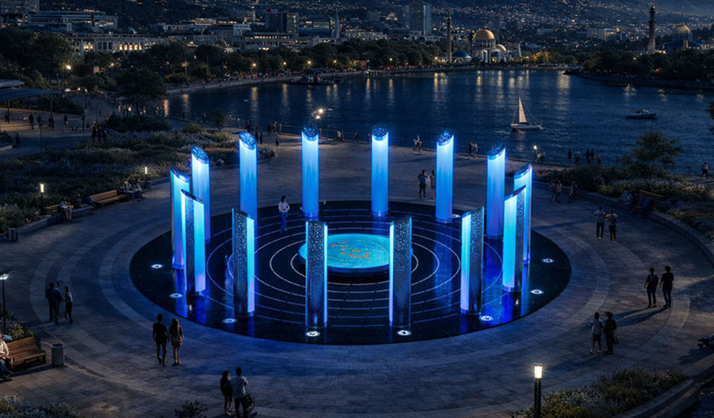 Интерактивная световая инсталляция «Богатство Нации. Contemporary» на набережной: круг из 14 светящихся синих колонн вокруг центрального подиума с картой Казахстана, вечерняя городская среда, люди взаимодействуют с пространством.