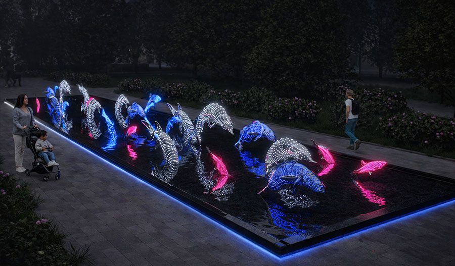 «Су әлемі» паблик-арты — кешкі саябақ кеңістігіндегі жарықтандырылған дельфиндер мен балықтар мүсіндері бар интерактивті су композициясы.