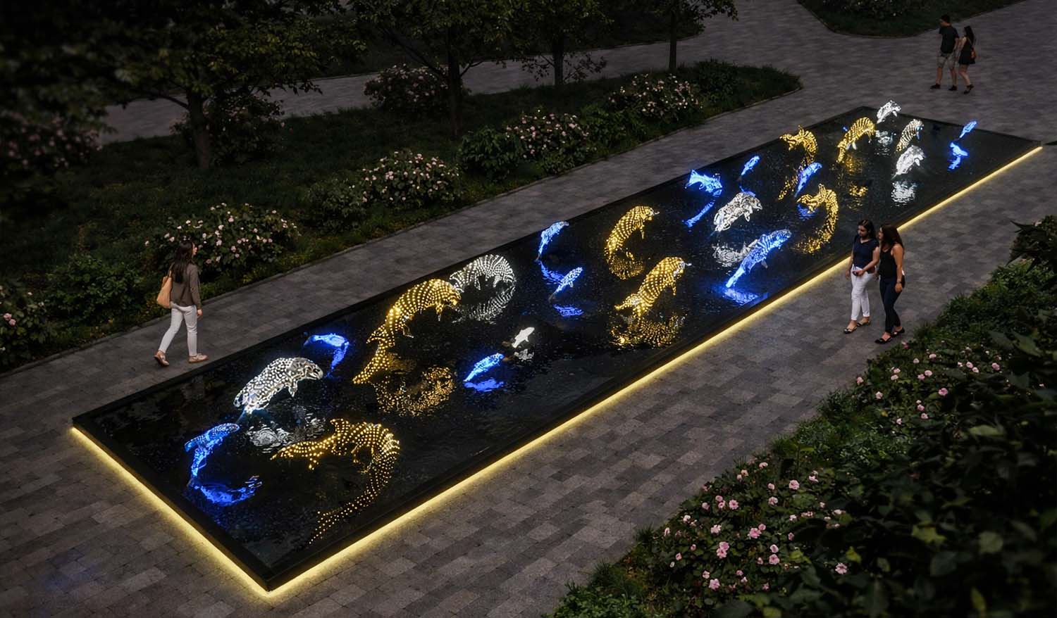 Паблик арт «Водный мир» с золотыми, синими и белыми светящимися морскими формами, создающими эффект движения воды в тёмное время суток.