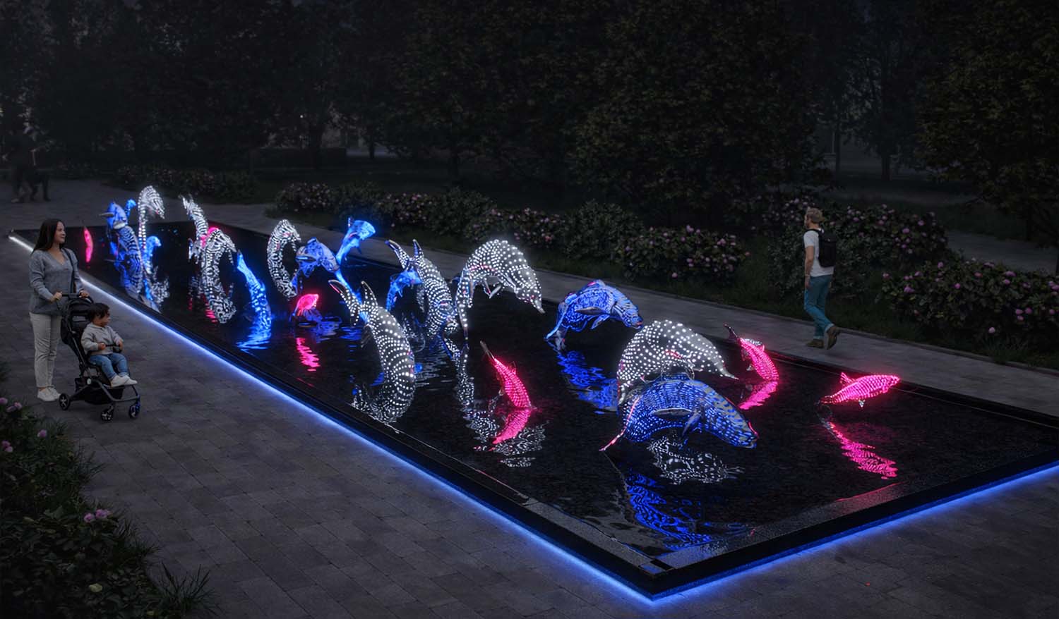 Паблик-арт «Водный мир» с подсвеченными скульптурами дельфинов и рыб в интерактивном водном бассейне, вечерняя парковая среда.