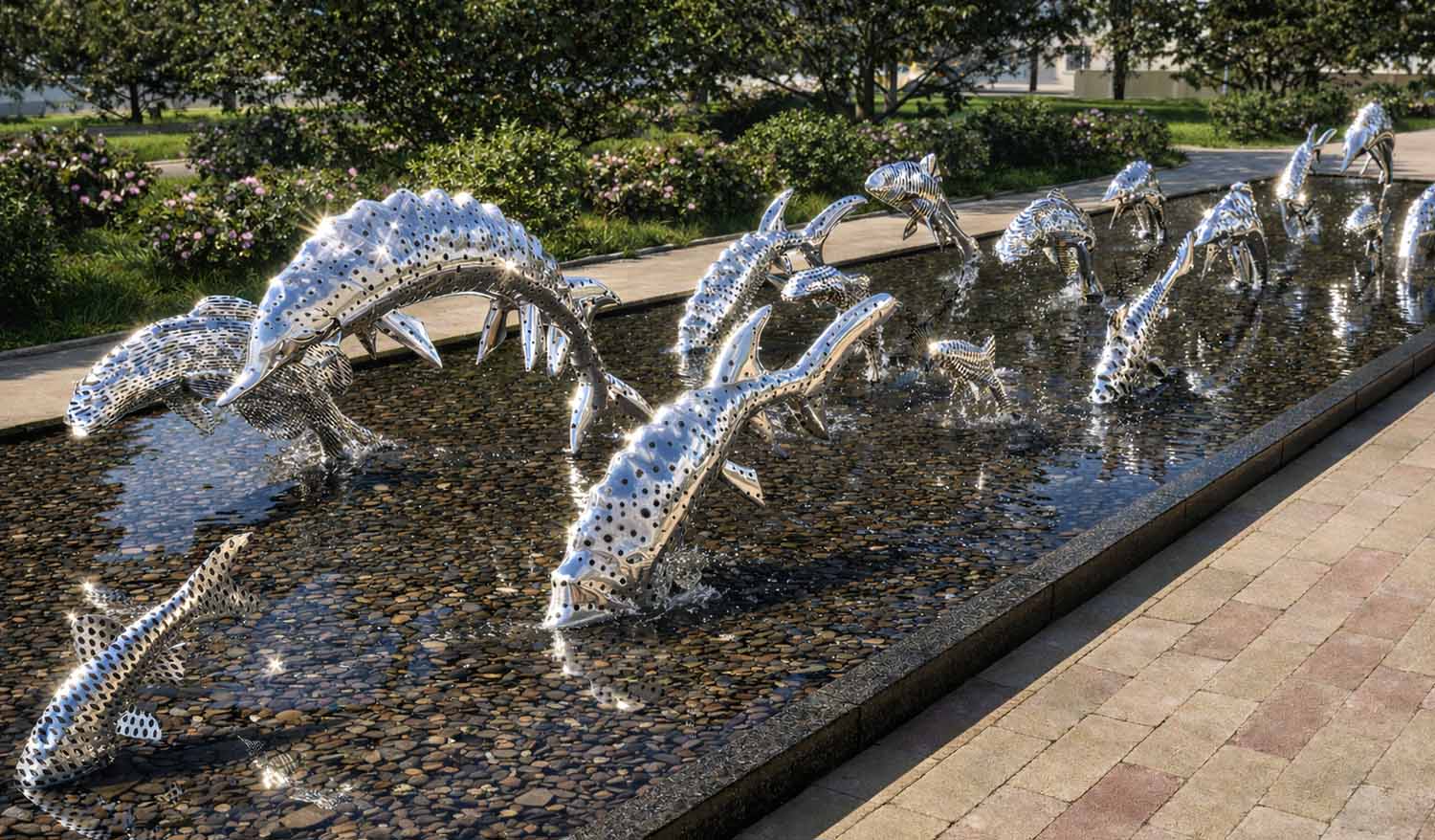 Паблик-арт «Водный мир» — перфорированные скульптуры рыб из нержавеющей стали, сверкающие на солнце в линейном парковом бассейне.