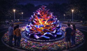 Концепция «Городской цветок» — интерактивная светящаяся глянцевая скульптура в форме цветка в центре круглой клумбы, окружённая посетителями в городском парке вечером.