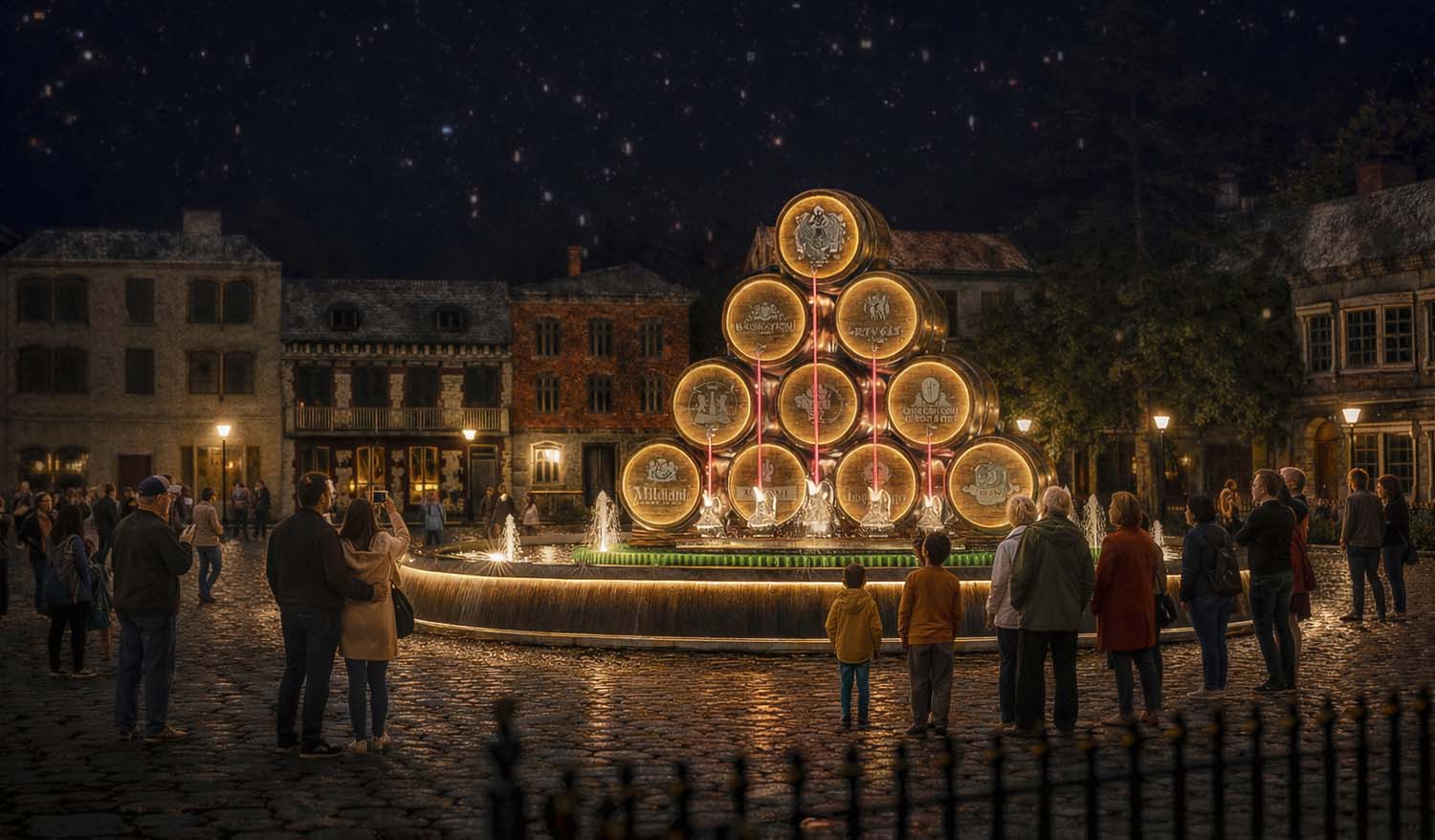Паблик-арт инсталляция «Вина Грузии» в виде композиции из сияющих винных бочек, установленных пирамидой в центре круглого фонтана на исторической площади; тёплая подсветка отражается в воде и на мощёной мостовой, вокруг собрались зрители.