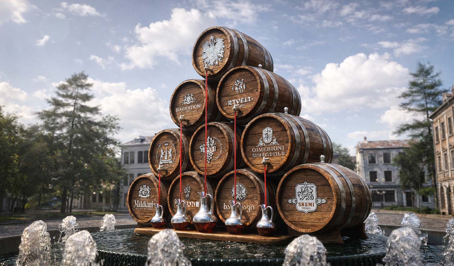 Паблик-арт композиция «Вина Грузии» из натуральных деревянных винных бочек, сложенных пирамидой в центре фонтана; на фасадах бочек размещены эмблемы винных брендов, а у основания установлены традиционные кувшины с вином.