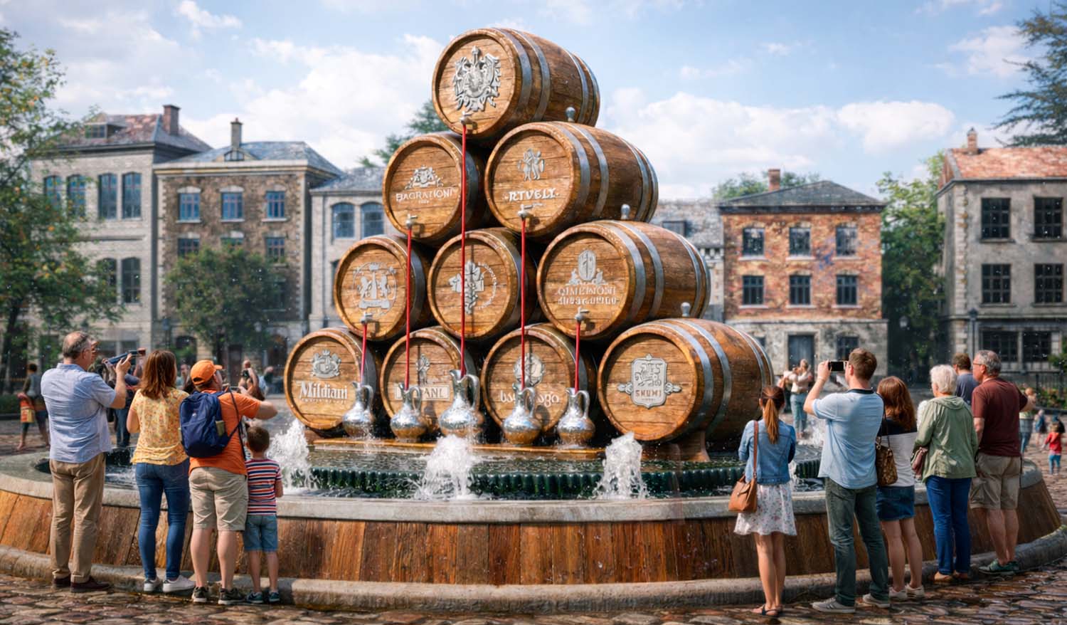 Паблик-арт инсталляция «Вина Грузии» в центре городского фонтана: пирамида из деревянных винных бочек с гербами виноделен, окружённая струями воды и посетителями, фотографирующими арт-объект.