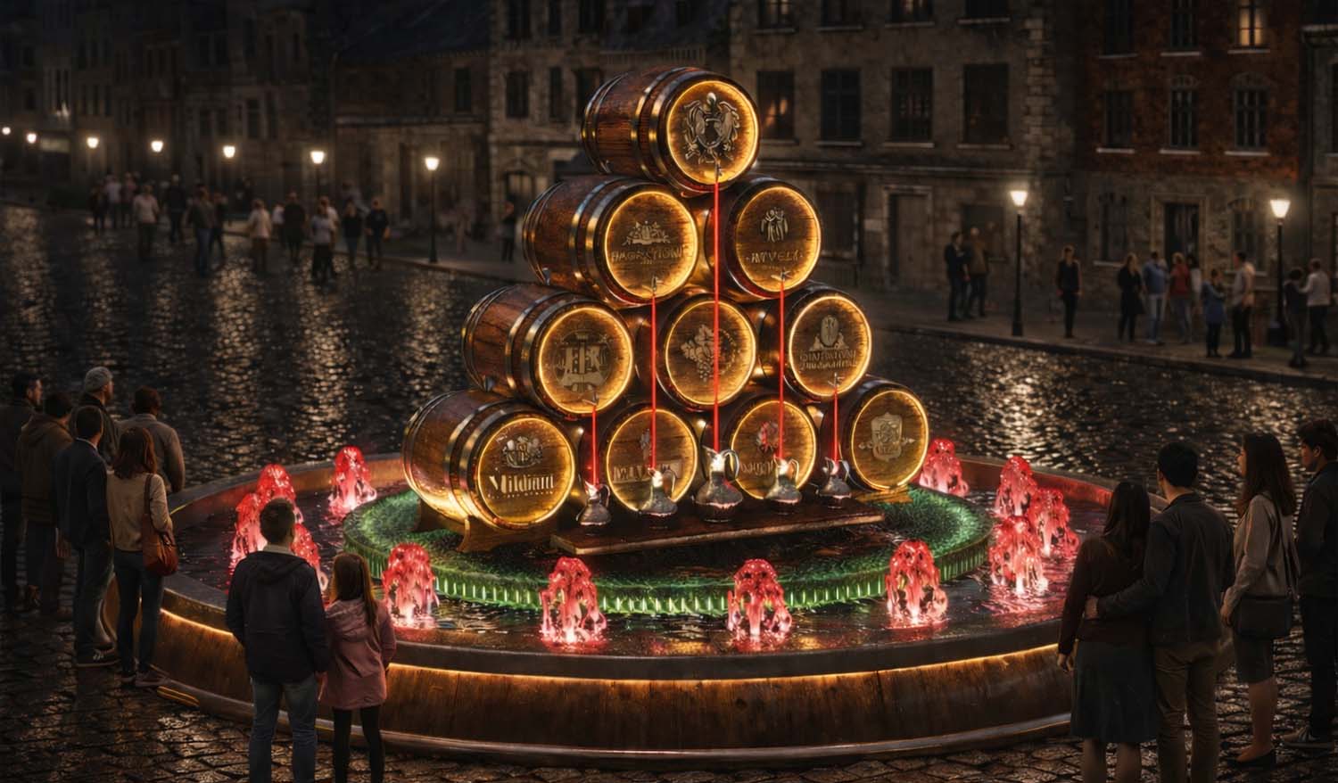 Паблик-арт инсталляция «Вина Грузии» в вечернем освещении: пирамида из винных бочек с подсветкой, установленных в центре фонтана с красными световыми струями, на фоне исторической набережной и собравшихся зрителей.