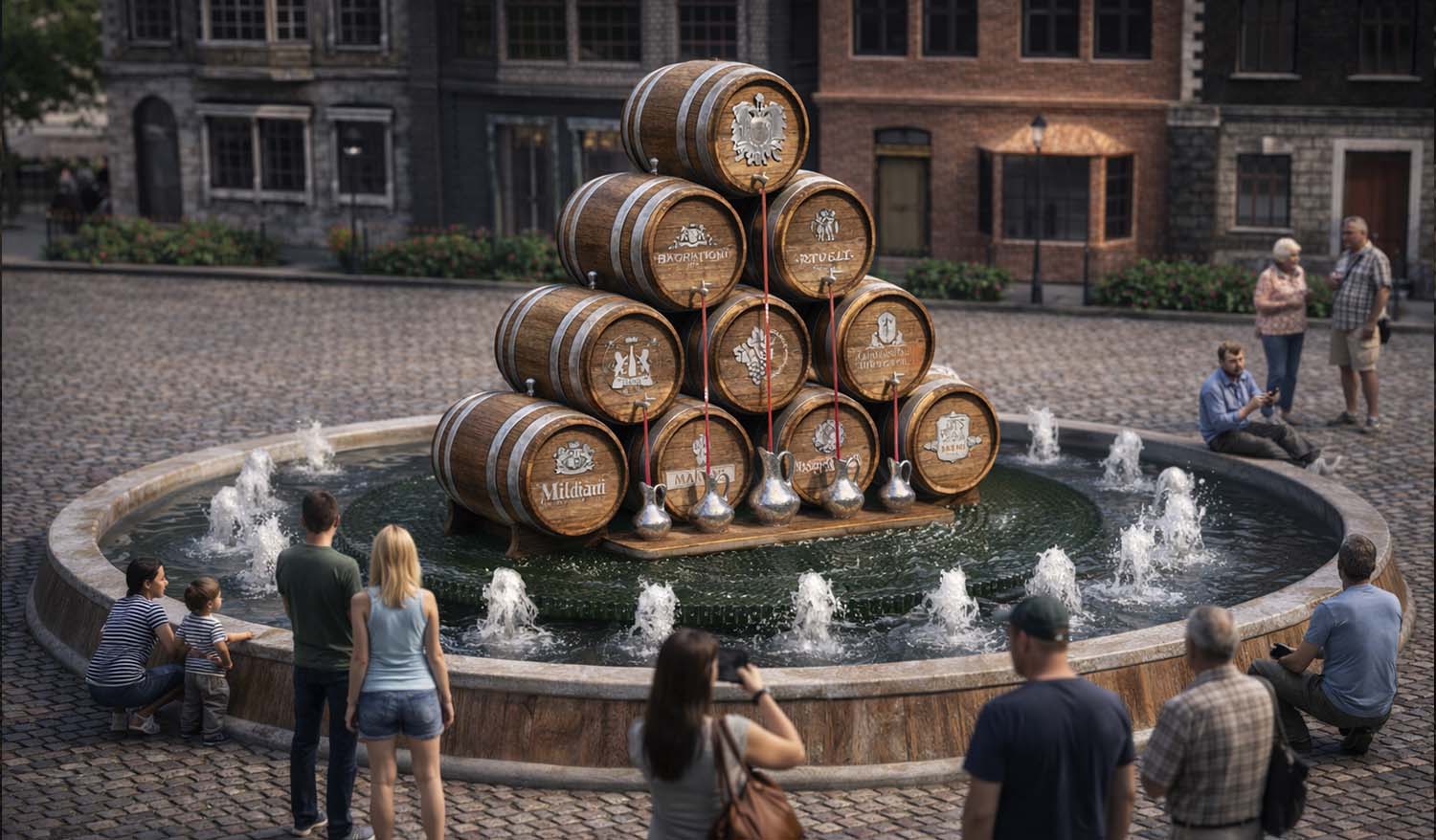 Городской паблик арт из винных бочек, сложенных в трёхуровневую пирамиду, интегрированный в водное пространство фонтана; вокруг — жители и туристы, фотографирующие композицию.